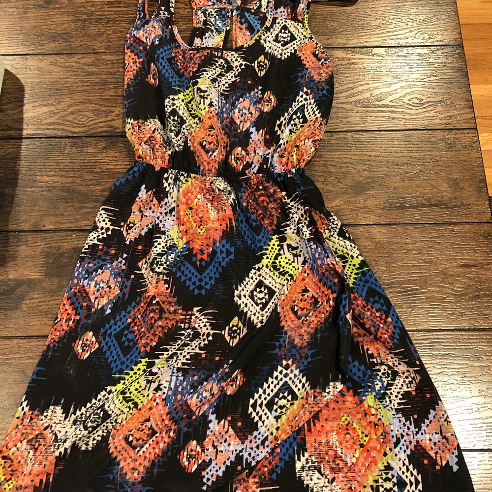 Black and multi-colored geometric patterned dress